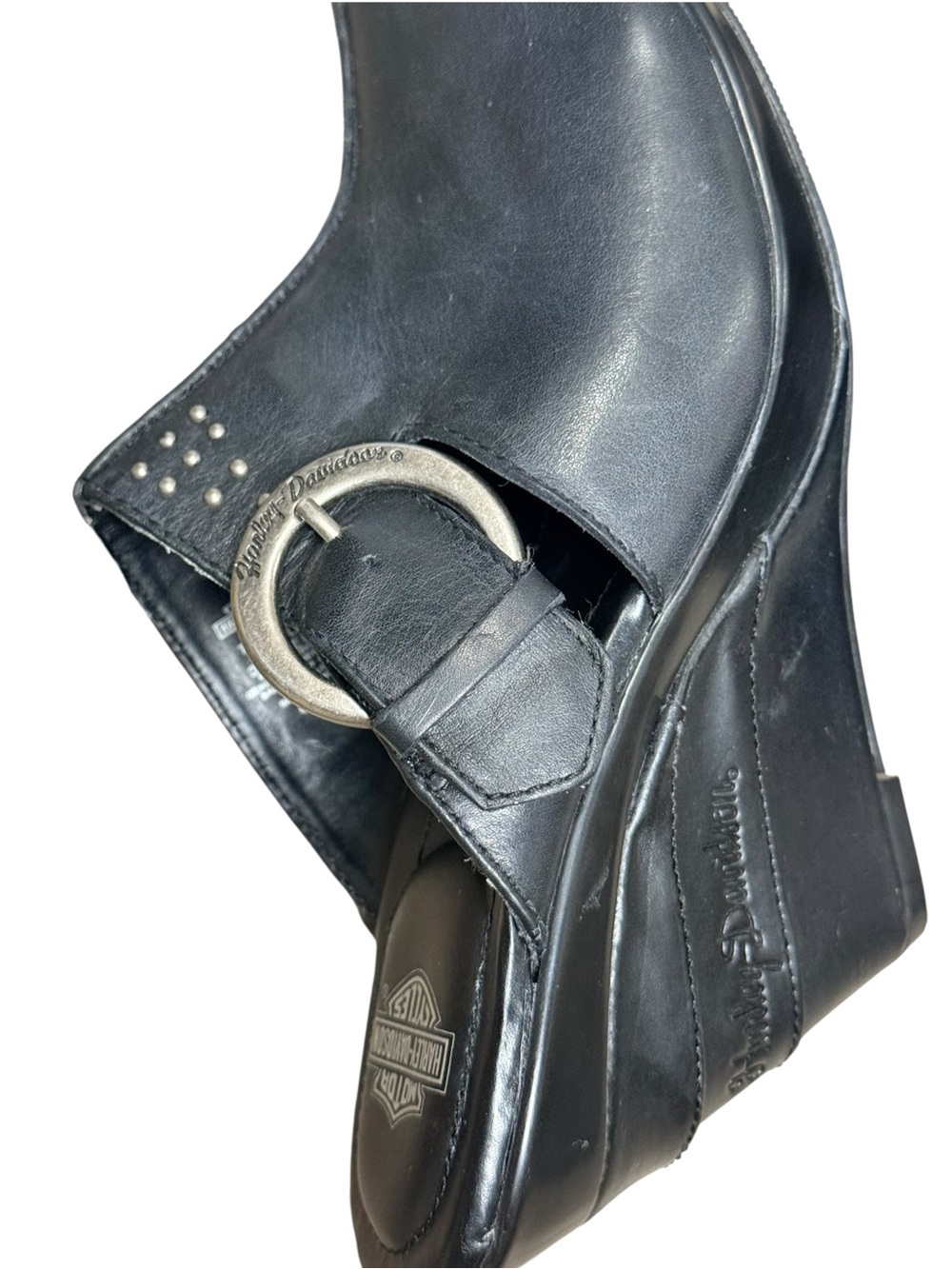 Harley-Davidson Leather Wedge Mule Clogs Black Studded Buckle Women’s 7 - Picture 9 of 13